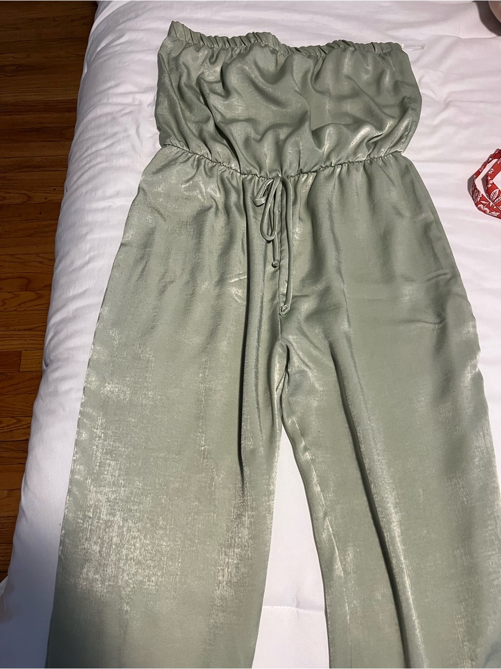 sage green jumpsuit with drawstring waist